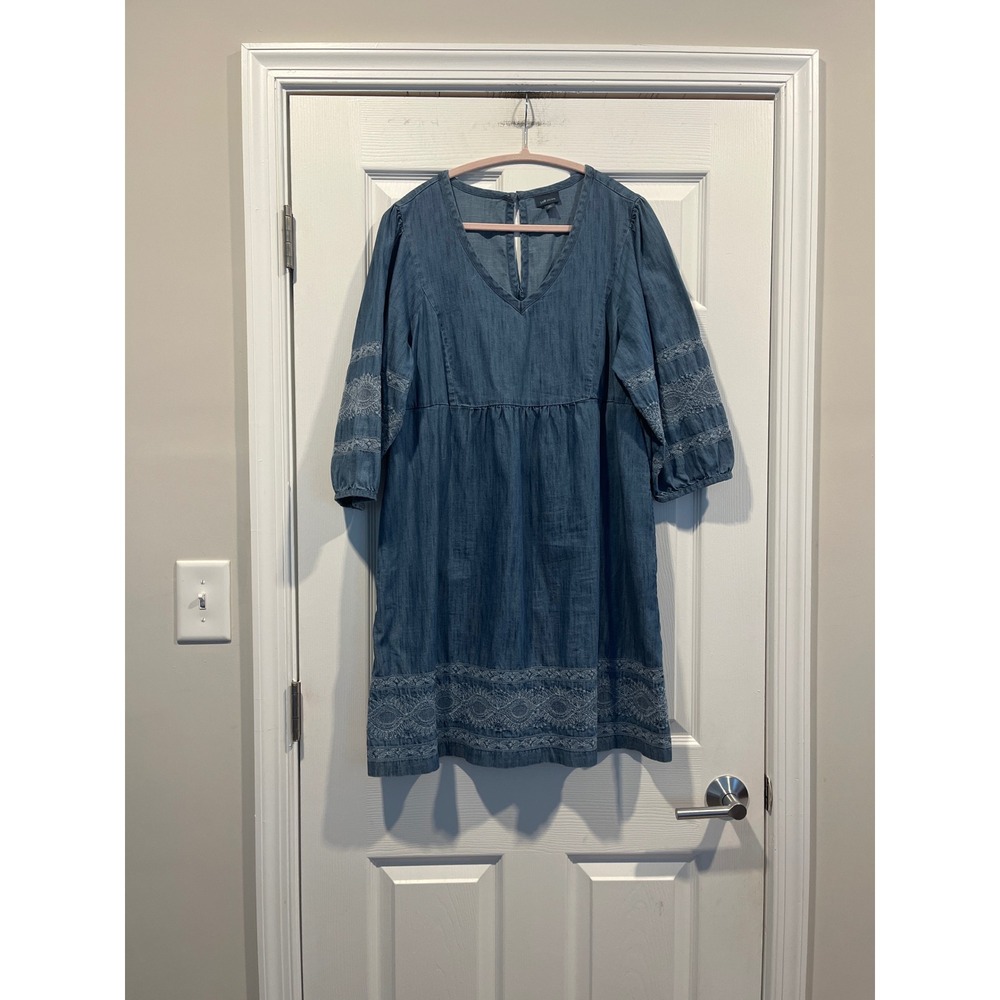 J. Jill Denim Blue Cotton Embroidered V-Neck Babydoll Dress Medium Petite